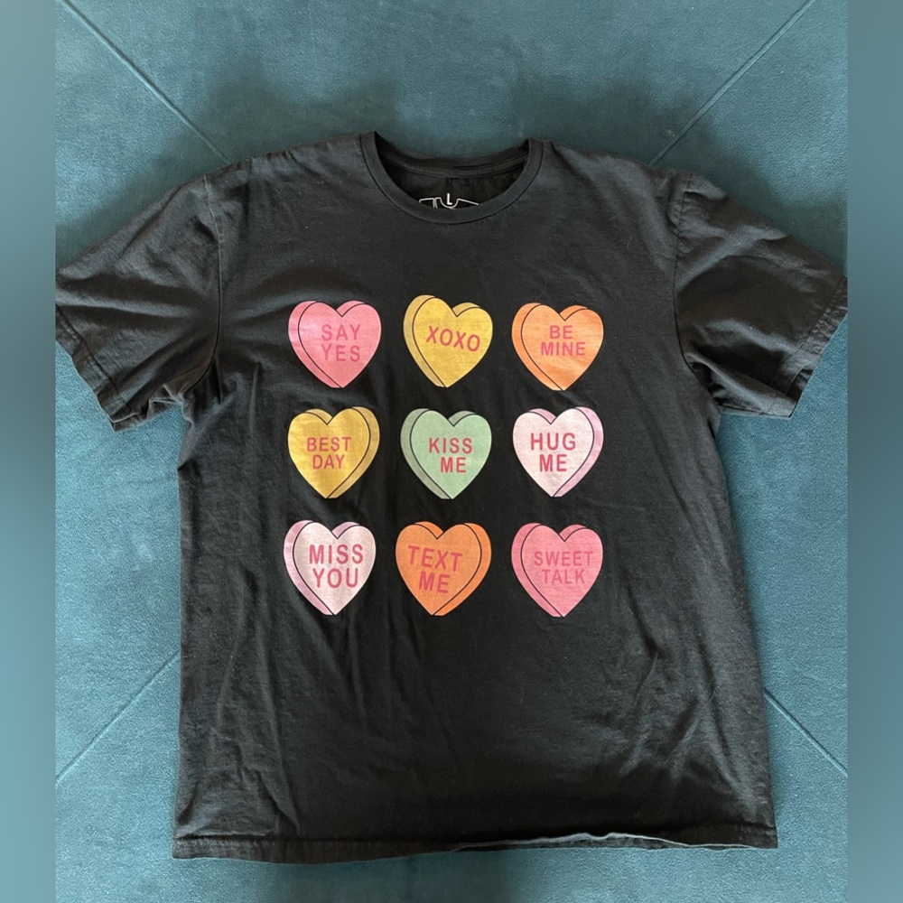 Delta Black Tee with Colorful Heart Graphics Wear all seasons. Says XL fits L